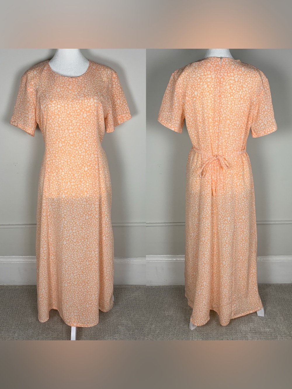 Vintage 90s Peach Ditzy Floral Print Short Sleeve Midi Dress Size Large